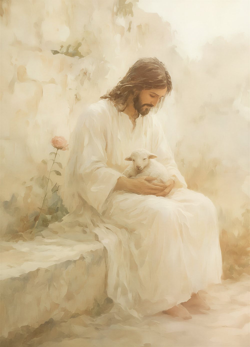 Pale watercolor of Christ seated against a sunlit stone wall, cradling a sleeping lamb in his arms beside a single blooming rose