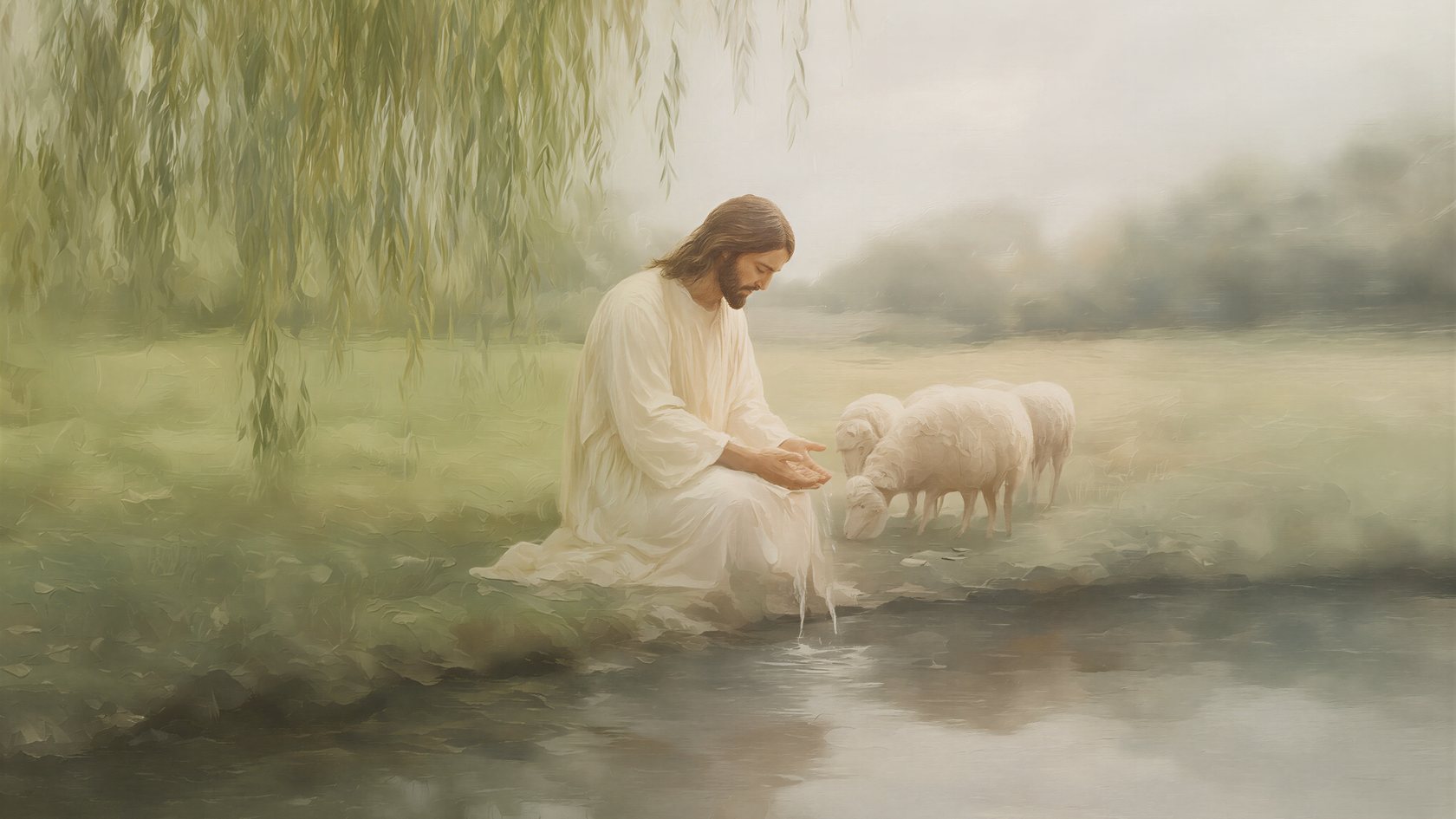 Soft oil painting of Christ in a cream robe kneeling beside still waters beneath a willow, cupping water in his hands while three sheep drink at the stream's edge