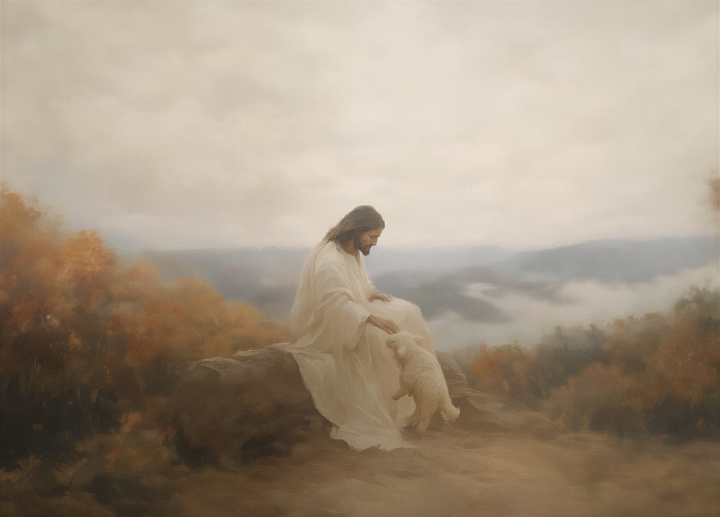 Muted autumn painting of Christ in a flowing robe seated on a rock above a misted valley, reaching down to a small lamb climbing onto his knee