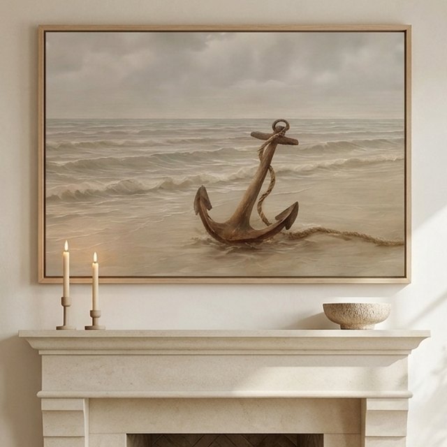 A large framed gallery canvas of faithpost Scripture art hanging above a limestone fireplace mantel in a bright living room