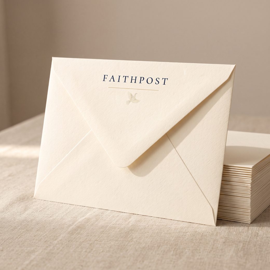 The sealed back of the cream faithpost envelope — navy wordmark and gold rule on the pointed flap — propped against a stack of the year's envelopes