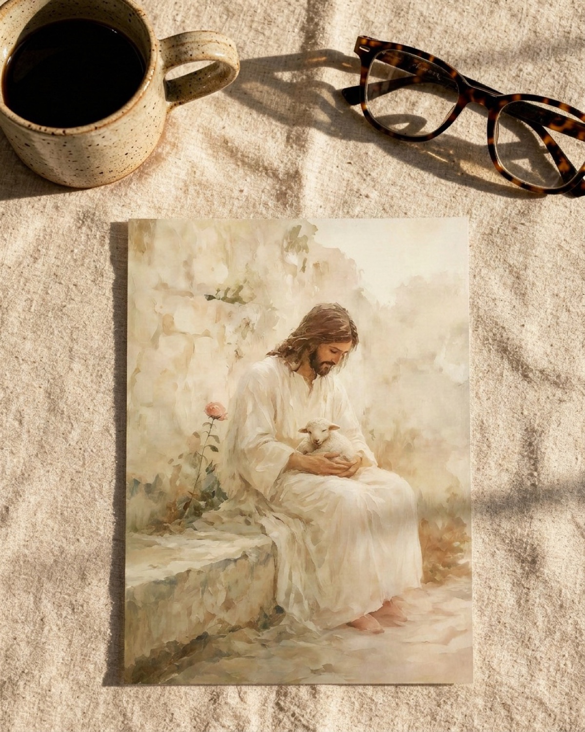 The February card — Christ cradling a lamb beside a climbing rose, the painting running edge to edge — on a linen table with morning coffee and reading glasses