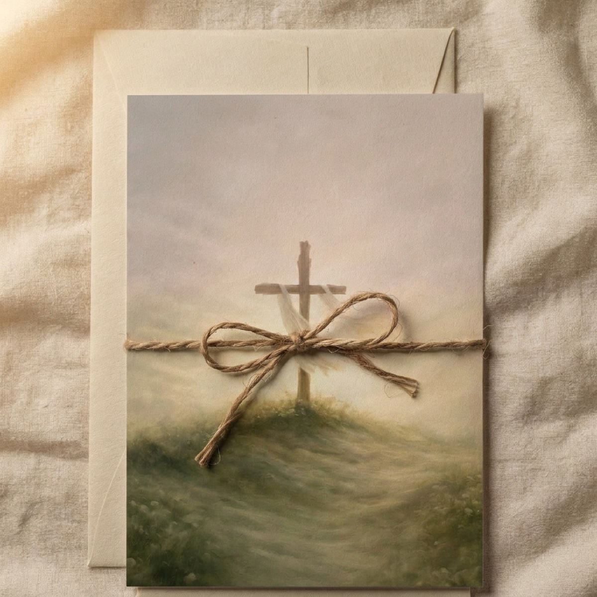 The April card — a cross draped in white on a green hill, the painting running edge to edge — tied with a twine bow over a cream envelope