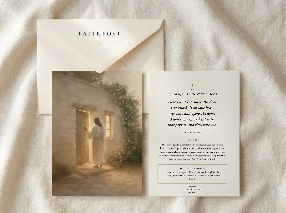 Overhead view of a cream faithpost envelope on soft linen with two of the month's cards beside it — one showing the painting of Christ knocking at a lamplit doorway framed by white roses, the other turned over to show the verse, a short reflection and the month's challenge