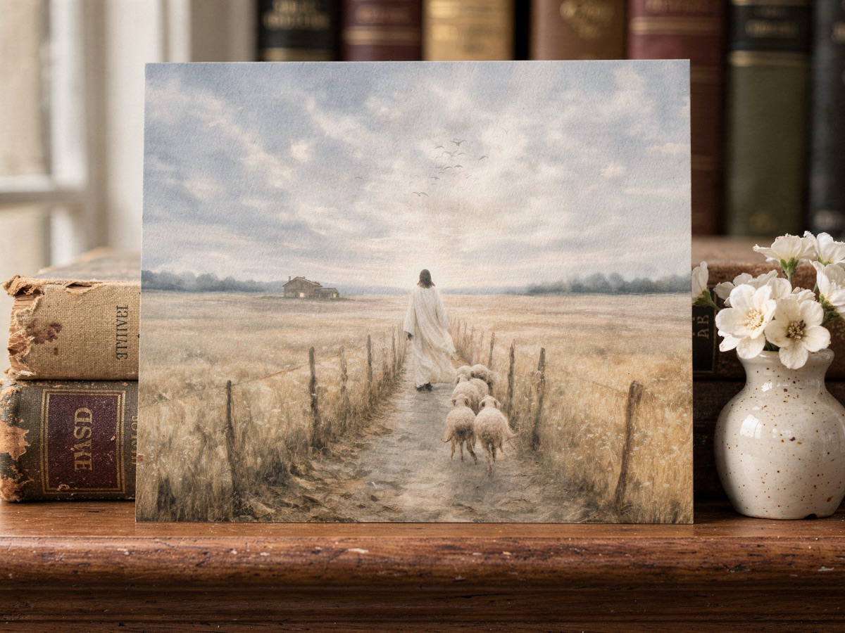 The November card — a walk home along the old fence line at golden hour — leaning against a stack of old clothbound books on a mantel